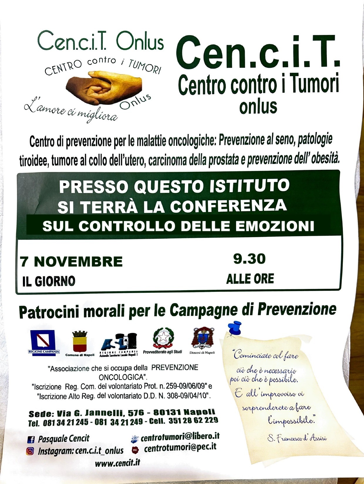 CONFERENZA SUL “CONTROLLO DELLE EMOZIONI” A CURA DEL CEN.C.I.T. ONLUS, CENTRO CONTRO I TUMORI.